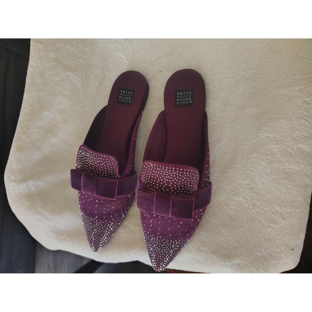 White House Black Market Purple Velvet Rhinestone Bow Pointed Toe Mules Flats